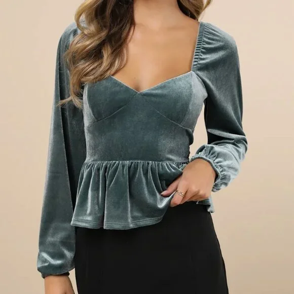 Lulus Marvelously Sweet Sage Blue Velvet Long Sleeve Peplum Top XS NWT - Picture 2 of 3